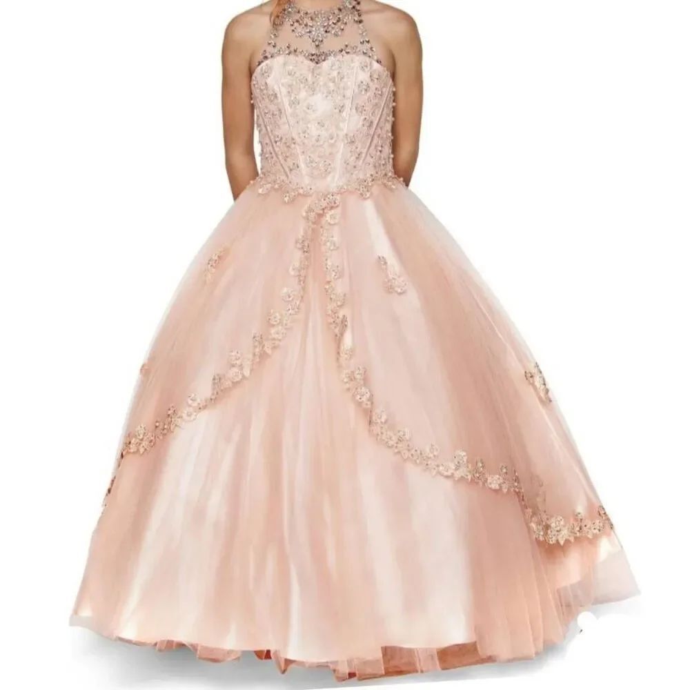 Girls Beaded Long Halter Tulle Dress by Cinderella Couture 5060 size 14